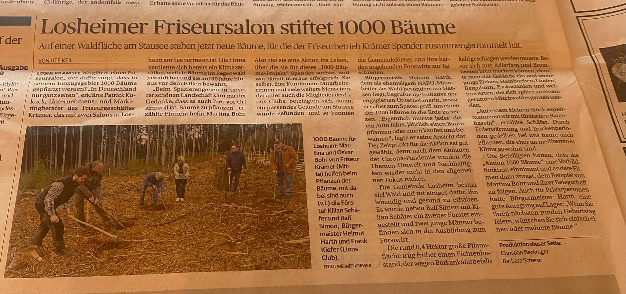 Top Resonanzen in der Presse auf die Baumpflanzaktion von Intercoiffure Kremer aus Losheim am See